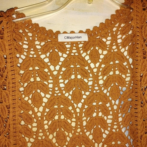 CMajorHan Boho Crochet Lace Vest - Mustard Yellow/Burnt Orange OS - Picture 4 of 5